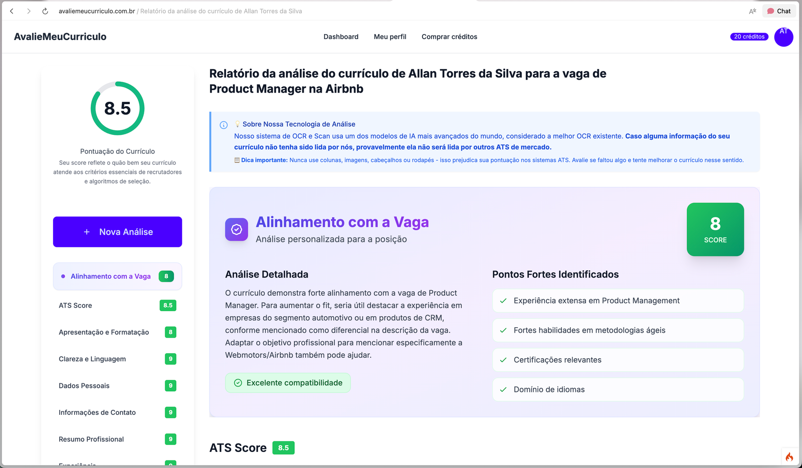 Exemplo de Análise Completa do Currículo - AvalieMeuCurriculo
